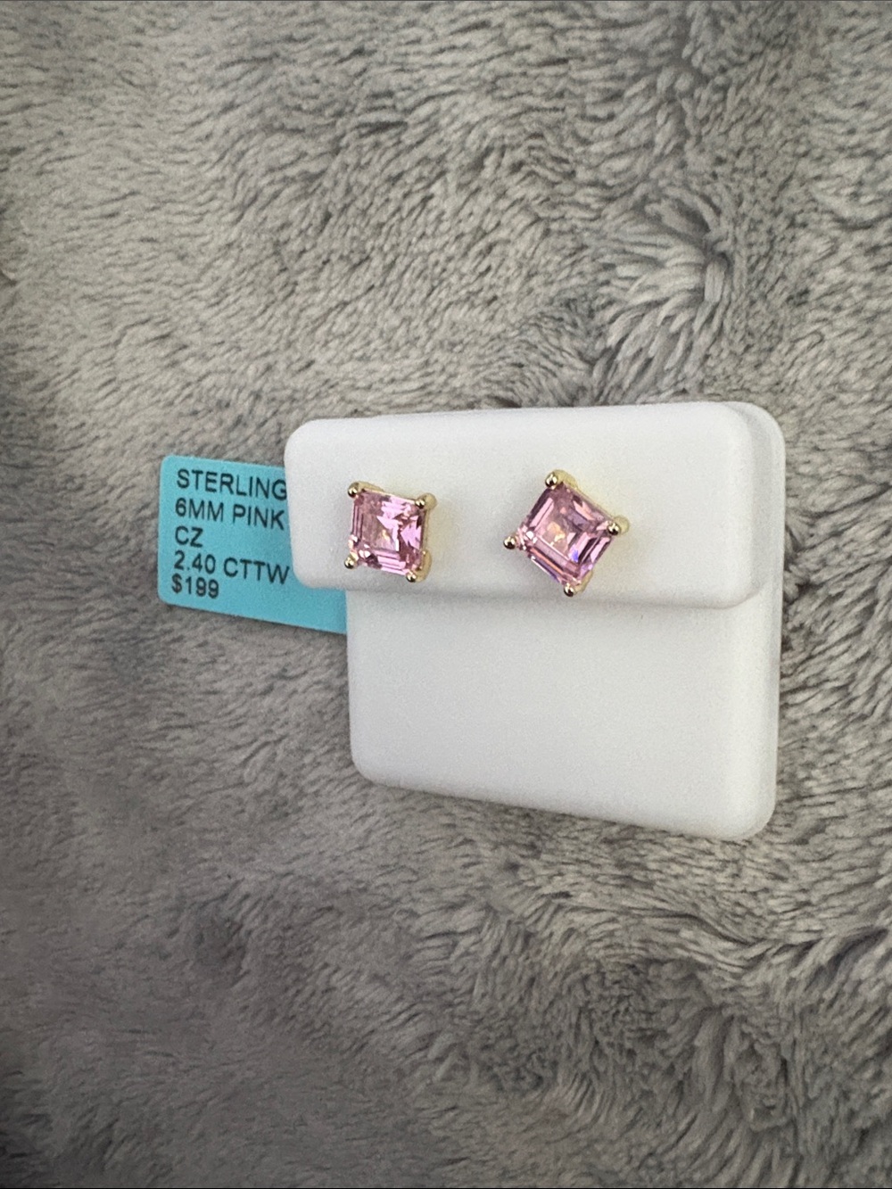 Sterling Pink Square CZ Stud Earrings - 6mm